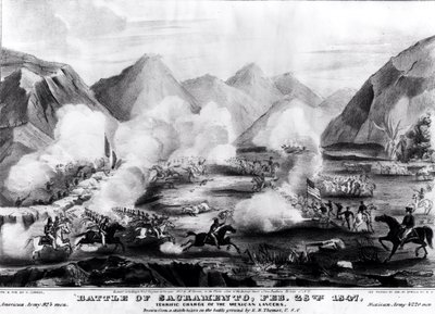 Battaglia di Sacramento: Carica terrificante dei lancieri messicani, 28 febbraio 1847, inciso e pubblicato da Nathanial Currier, 1847 da R. Telfer